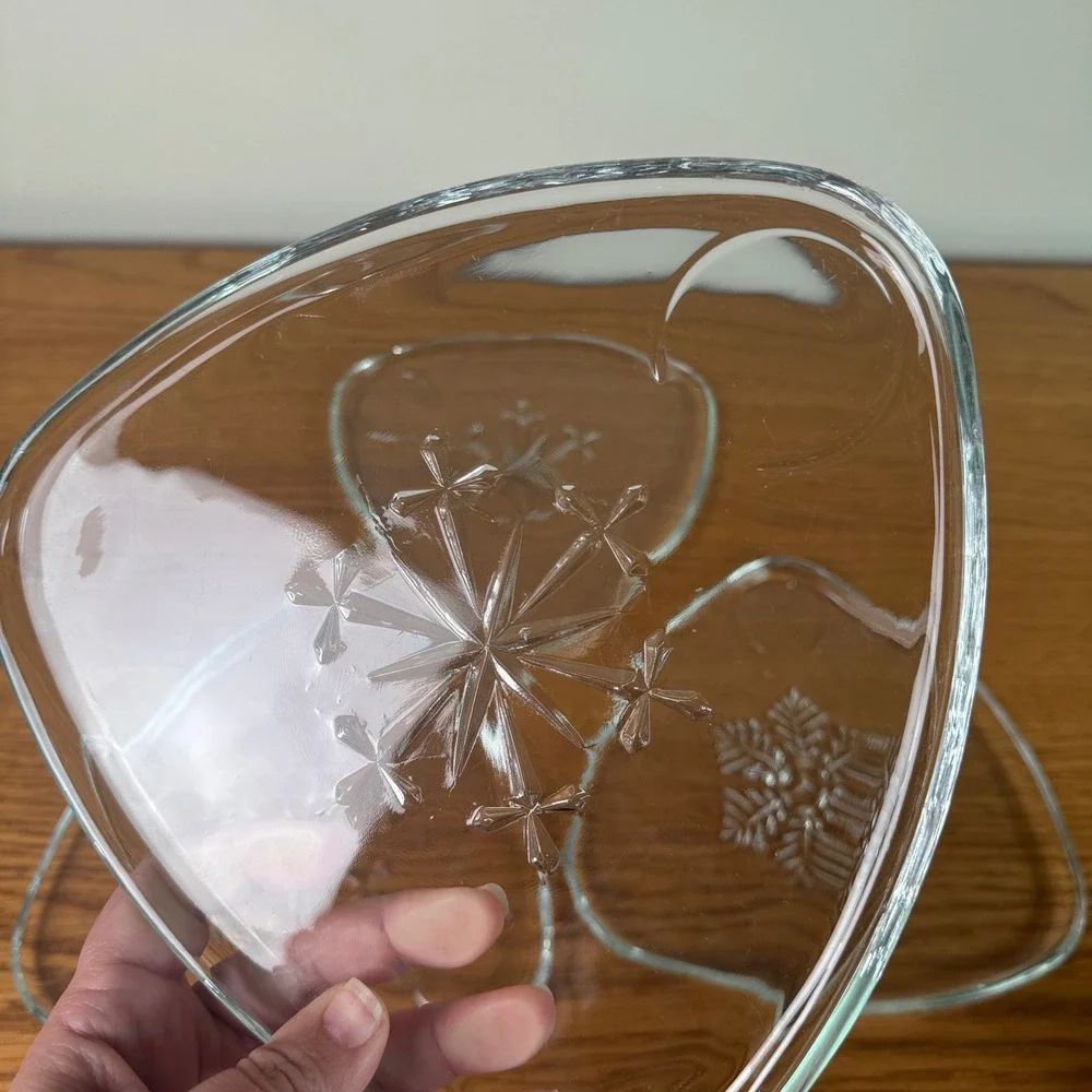 Set of 4 Glass Snowflake Dessert‎ Appetizer Plates Triangle Shaped Clear Vintage